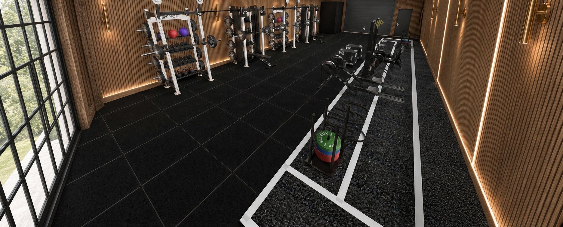 Render of the finished gym, with timber walls, roof lights, rigs and a large window onto the fields